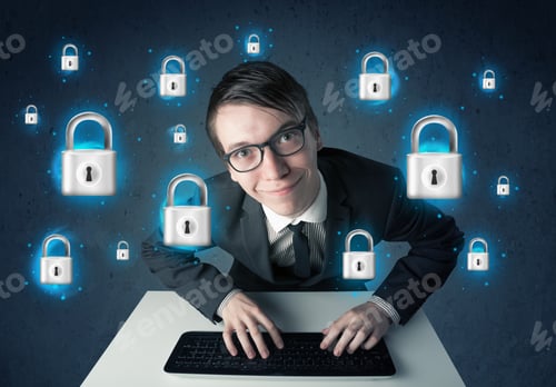 Preview: Young Hacker With Virtual Lock Symbols And Icons On Blue Background