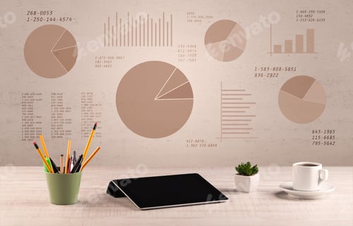 Preview: Graphic Business Office Desk With Pie Charts And Graphs On The Brown Sepia Background Wall