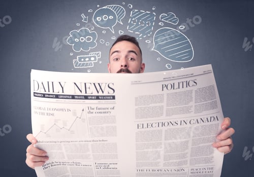 Preview: Puzzled Young Businessman Reading Daily Newspaper With Speech Bubbles Above His Head