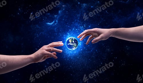 Visualização: Mãos masculinas de Deus prestes a tocar o globo terrestre na galáxia com estrelas brilhantes e azuis