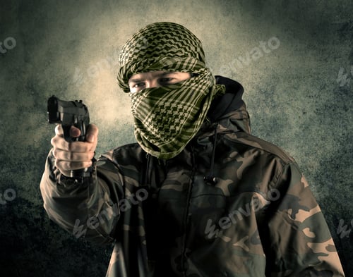 Preview: Portrait Of A Heavily Armed Masked Soldier With Grungy Background Concept