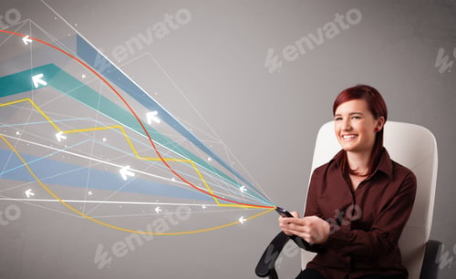 Preview: Pretty Young Lady Standing And Holding A Phone With Colorful Abstract Lines And Arrows