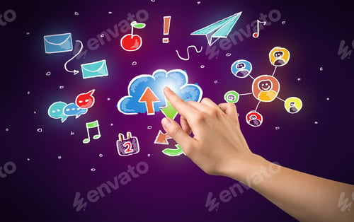 Preview: Female Hand Toucing Mixed Media Icons With Purple Background