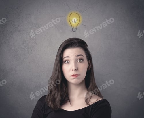 Preview: A Teen Student Girl With Funny Facial Expression Has A Good Idea Illustrated By A Drawn Light Bulb