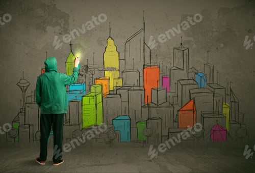 Preview: Young Urban Painter Drawing Colorful City On The Wall