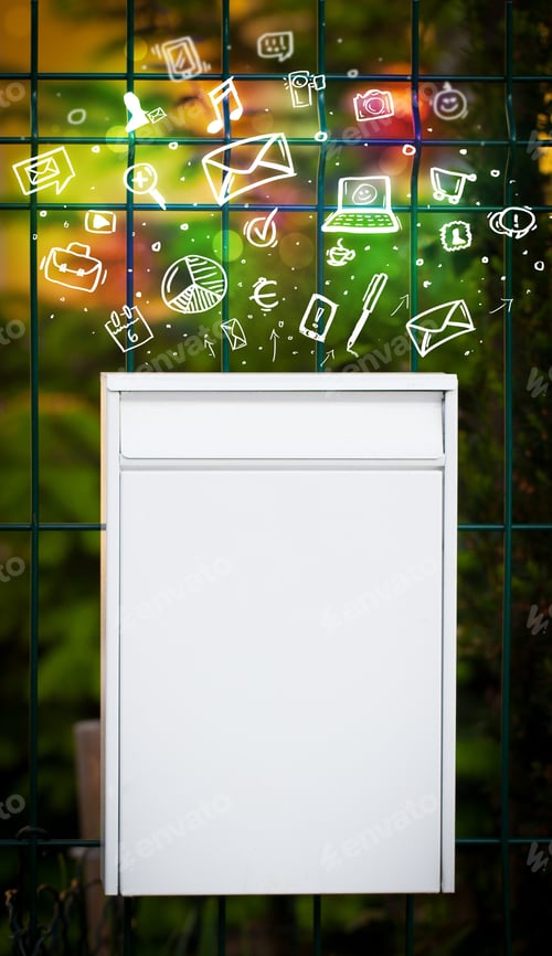 Preview: Colorful Modern Icons And Symbols Bursting Out Of A Mailbox