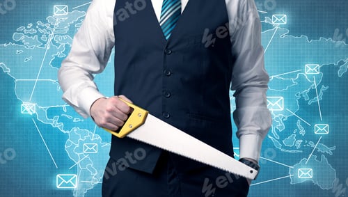 Preview: Businessman Holding Tool With Global Map Graphic On The Background