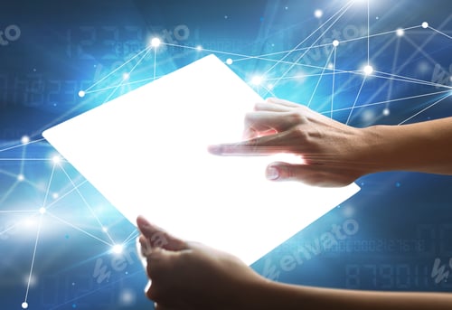 Preview: Young Female Hand Holding A Tablet With Numbers In The Background