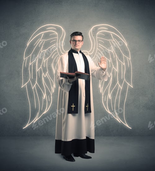 Preview: A Young Male Priest With Drawn Large Angel Wings Standing With The Holy Bible In His Hands Concept.