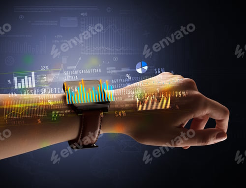 Preview: Cloe Up Naked Female Hand With Smartwatch With Financial Symbols Around