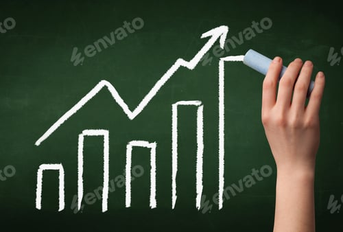 Preview: A Grown Up'S Hand Drawing Chart With Exponentially Growing Arrow On Green Chalkboard