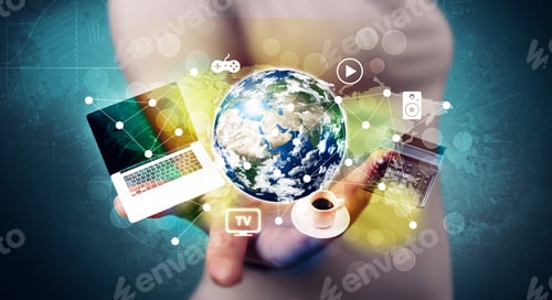 Preview: A Successful Businessman Has Control Over The World Concept Holding Planet Earth, Laptop In His