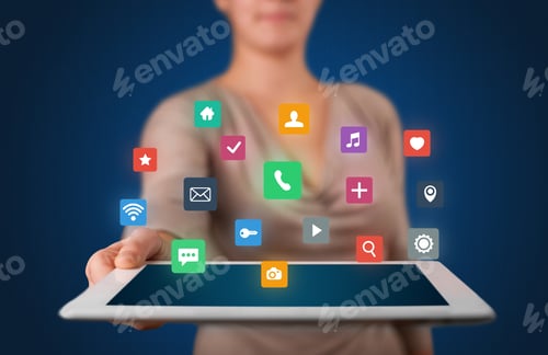 Preview: Casual Young Woman Holding Tablet With Colorful Applications