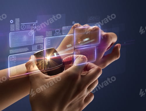 Preview: Female Hand Wearing Smartwatch With Statement Labels Around And Dark Background