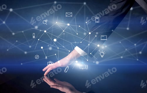 Preview: Male Hands Touching Interactive Table With Blue Mixed Communication Icons In The Background