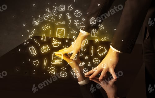 Preview: Male Hands Touching Interactive Table With Yellow Mixed Media Icons On It