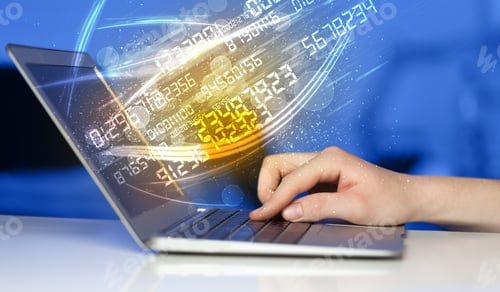 Preview: Man Typing On Modern Notebook With Future Number Technology Data Coming Out