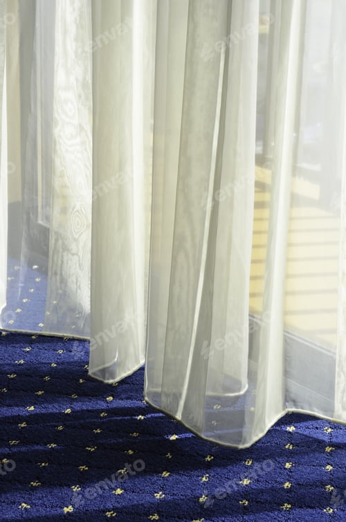 Preview: Morning At A Glance: Bottom Of Sheer Drapes Almost Touching Carpet By Glass Door To Hotel Balcony