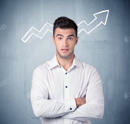 Preview: A Handsome Sales Guy Standing In Front Of A Blue Urban Concrete Wall With Illustration Of White