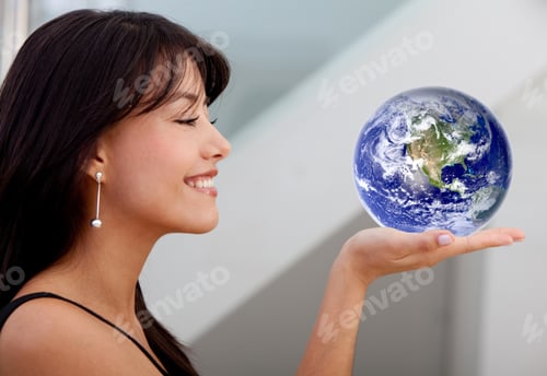 Preview: Beautiful Business Woman Smiling And Holding Globe On Her Hand