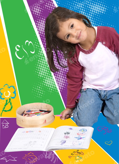 Preview: Happy Little Girl With A Colouring Book And Some Pencils