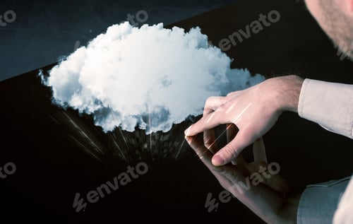 Preview: Male Hands Touching Interactive Table With A White Cloud On It