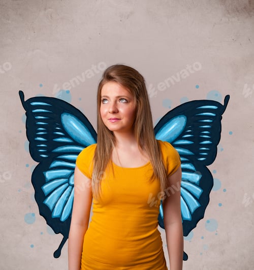 Preview: Cute Young Girl With Butterfly Blue Illustration On The Back