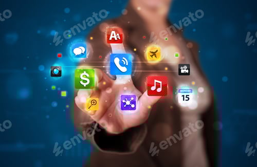 Preview: Young Woman Pressing Various Collection Of High Tech Buttons