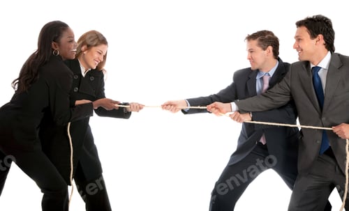 Preview: Businesswomen Pulling A Rope Against Some Businessmen Isolated On White