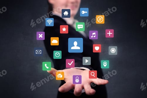 Preview: Colorful Multimedia Icons In The Hands Of A Young Casual Businesswoman