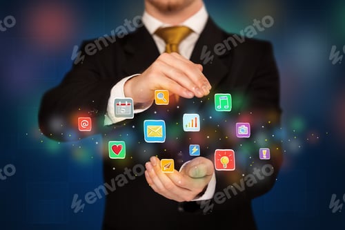 Preview: Elegant Businessman Holding Colorful Mixed Media Icons