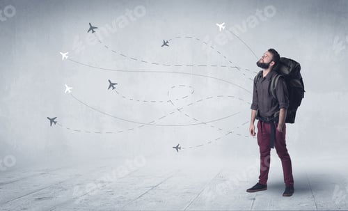 Preview: Handsome Young Man Standing With A Backpack On His Back And Little Planes In The Background