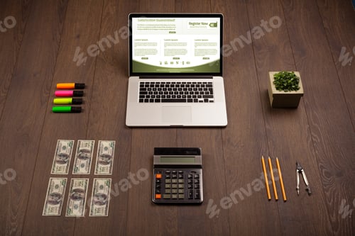 Preview: Business Wooden Table With Notebook Computer And Office Accessories