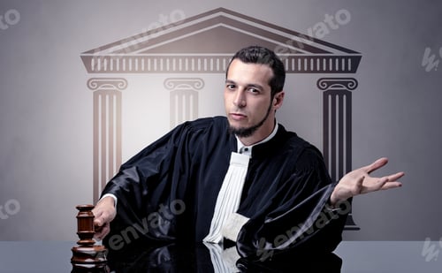 Preview: Young Judge In Front Of A Courthouse Symbol Making Decision