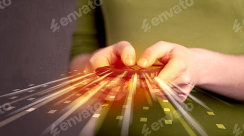 Preview: Person Holding Smarthphone With Technology Light Applications Comming Out