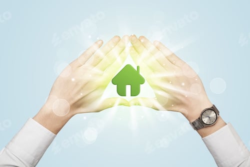 Preview: Hands Creating A Form With Shining Green House In The Center