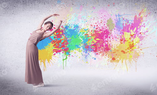 Preview: Modern Street Dancer Jumping With Colorful Paint Splashes On Back Wall Concept