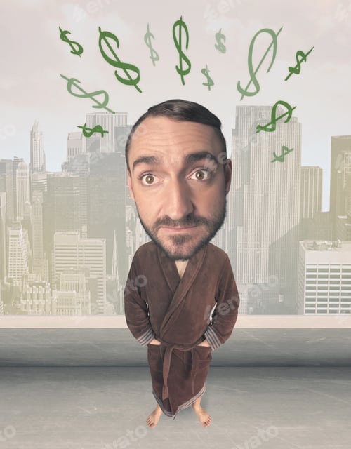Preview: Funny Guy With Big Head And Drawn Dollar Marks Over It