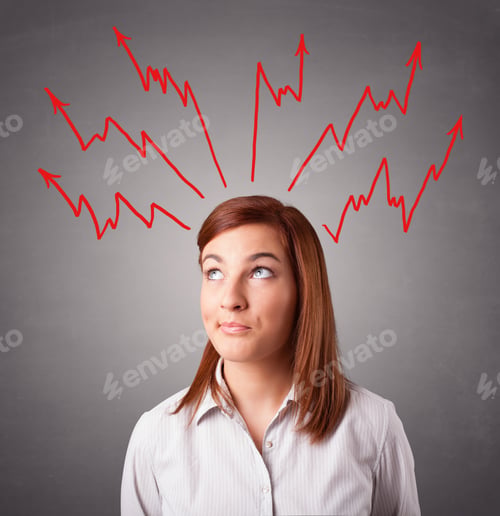 Preview: Young Woman Standing And Thinking With Arrows Overhead