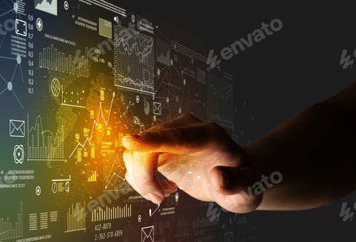 Preview: Female Finger Touching A Beam Of Light Surrounded By Charts And Graphs