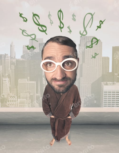 Preview: Funny Guy With Big Head And Drawn Dollar Marks Over It