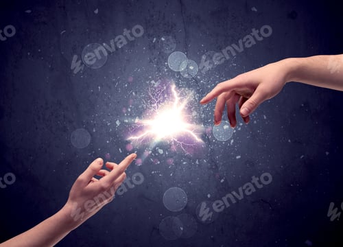 Preview: Two Male Hands Reaching Towards Each Other, Almost Touching With Fingers, Lighting Spark In Galaxy