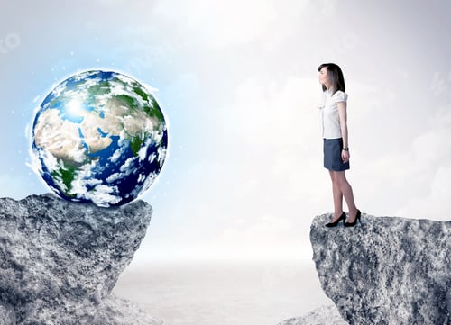 Preview: Businesswoman Standing On The Edge Of Mountain With A Globe On The Other Side, ""Elements Of This