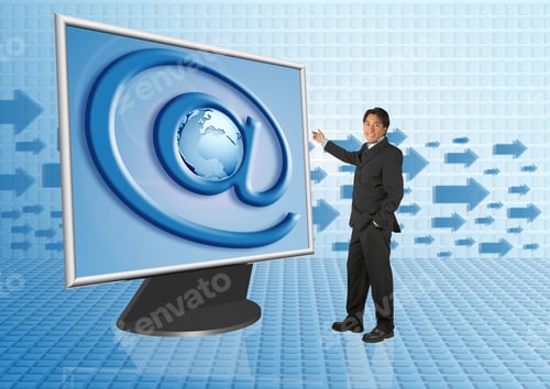 Vista previa: Hombre de negocios apuntando a una pantalla con un signo de A