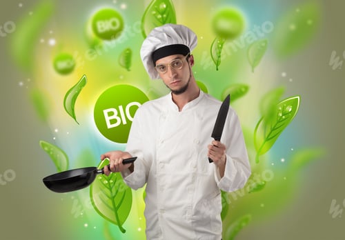 Preview: Green Bio Leaves Concept And Cook Portrait With Kitchen Tools