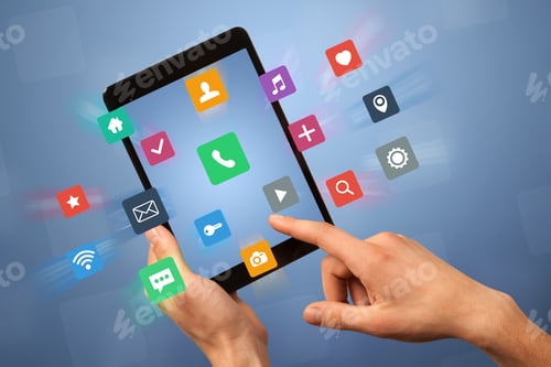 Preview: Female Fingers Touching Tablet With Colorful Applications