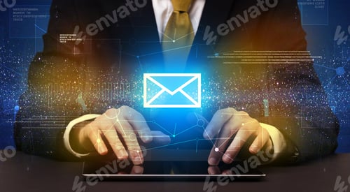 Preview: Businessman In Suit Typing With Communication, Mailing Concept Around
