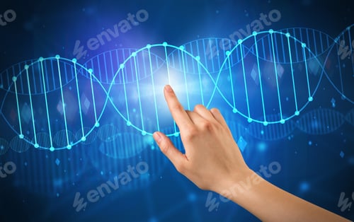 Preview: Female Hand Touching Dna Molecule With Blue Background