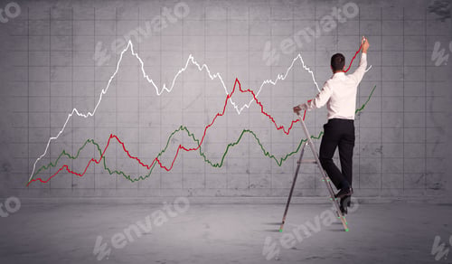 Preview: A Guy In Modern Suit Standing On A Small Ladder And Drawing A Chart On Grey Wall Background With