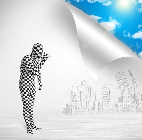 Preview: Funny Man In Body Suit Escaping From City To Nature Concept